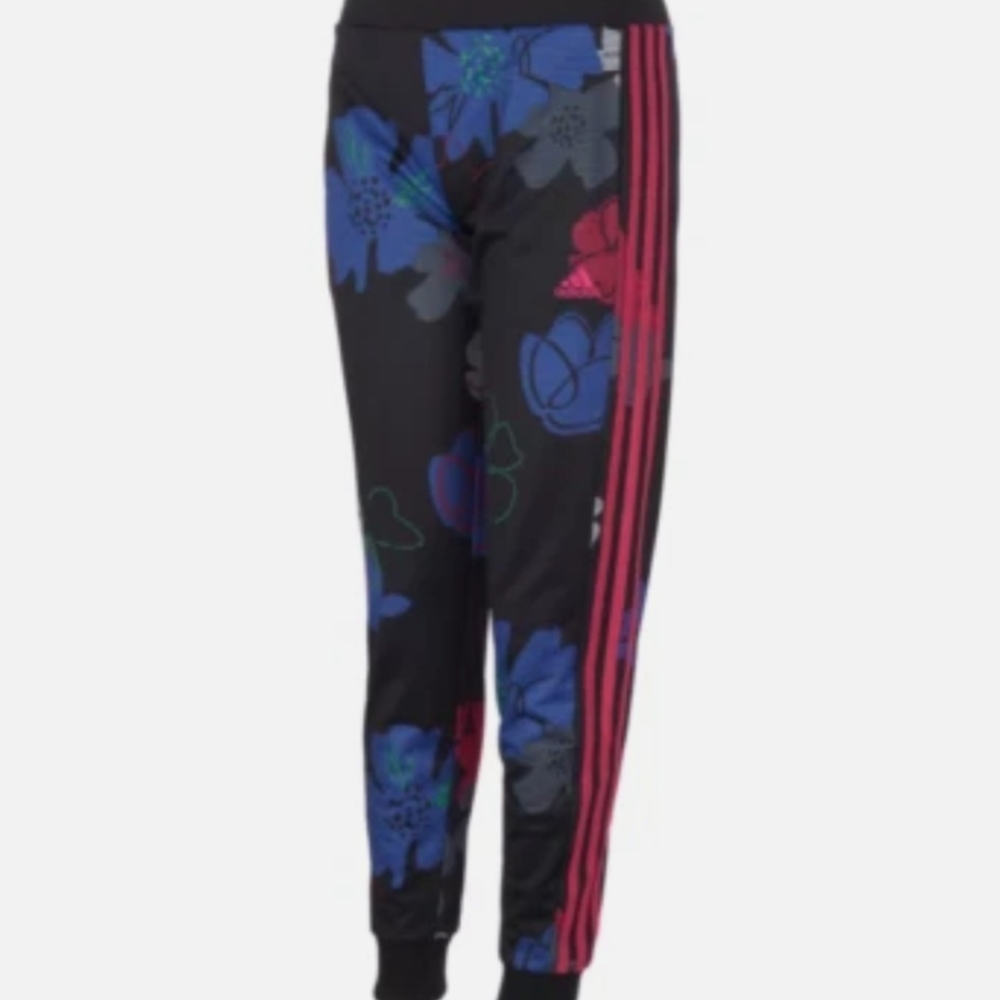 adidas Kids' Black Joggers with Blue and Red Floral Design